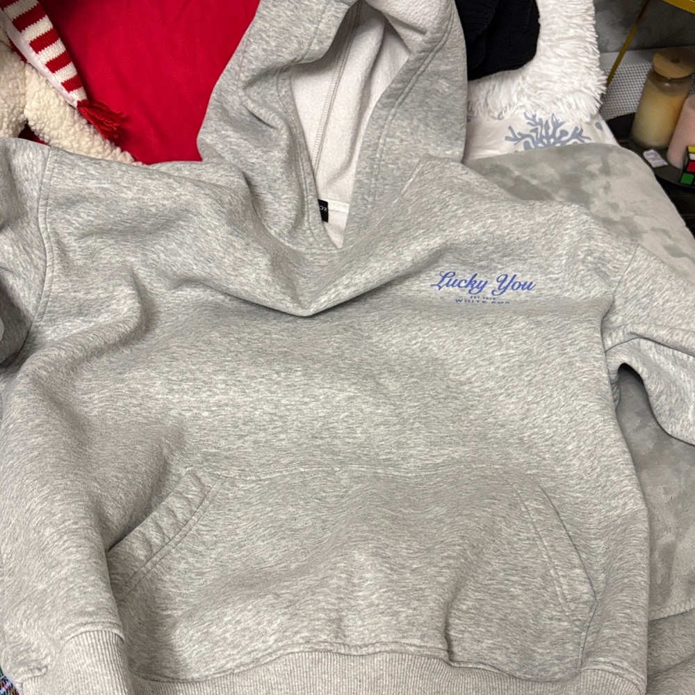White Fox Boutique Heather Gray Hoodie with Blue Embroidery